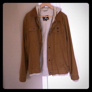 Can tan jacket with white hoodie